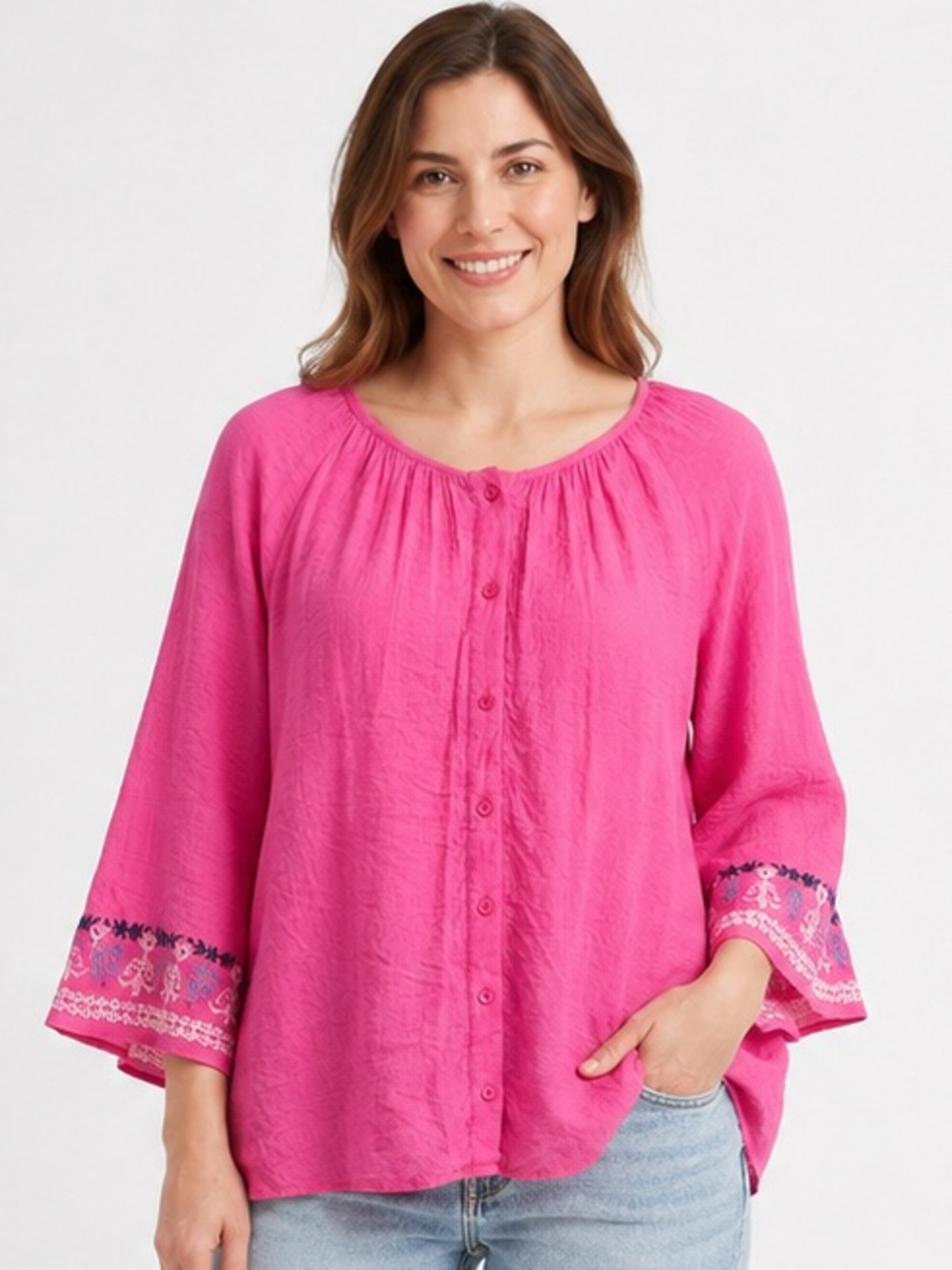 Christopher & Banks Pink Embroidered Button Front Boho Peasant Blouse Large